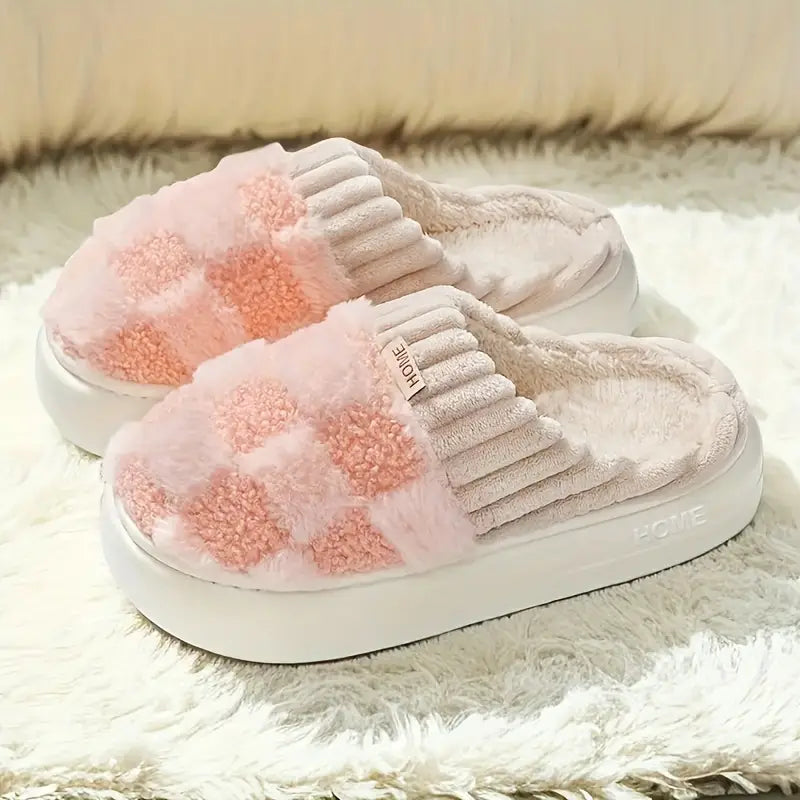 Geruite Fluffy Warme Dames Pantoffels met Antislip – Julia
