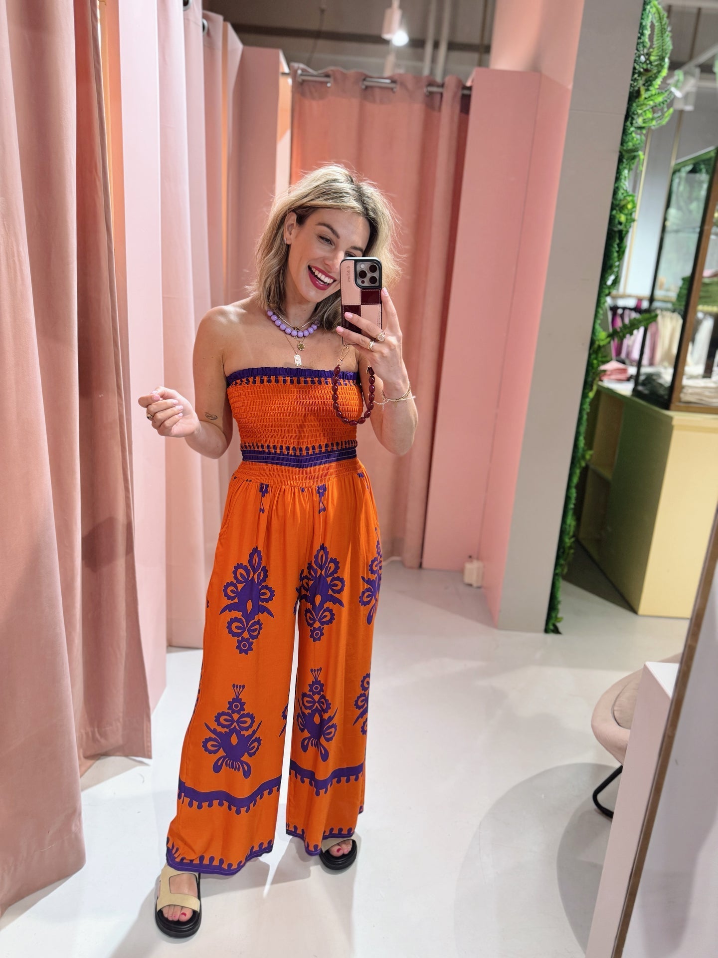 Zomerse strapless jumpsuit met wijde pasvorm in boho uitstraling