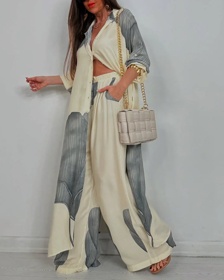 Casual tweedelige set met lange blouse en losse broek