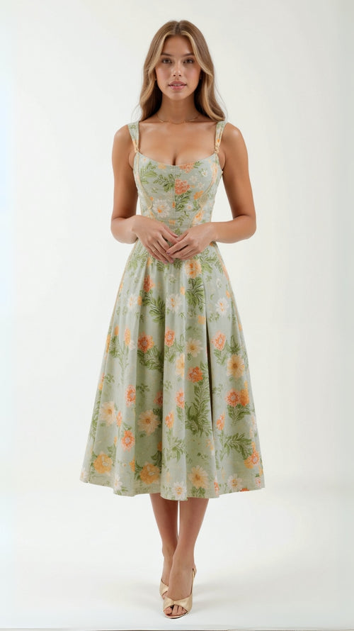 Zomerse midi jurk met bloemenpatroon en ronde halslijn