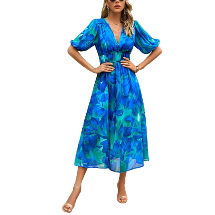 Midi zomerjurk met pofmouwen en vrouwelijke afwerking