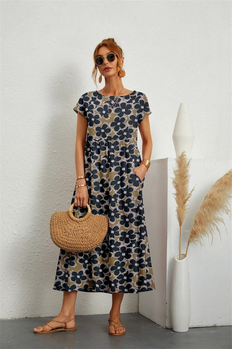 Casual lange jurk voor dames met printstijl en korte mouwen