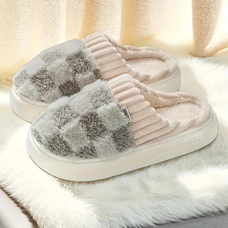 Geruite Fluffy Warme Dames Pantoffels met Antislip – Julia