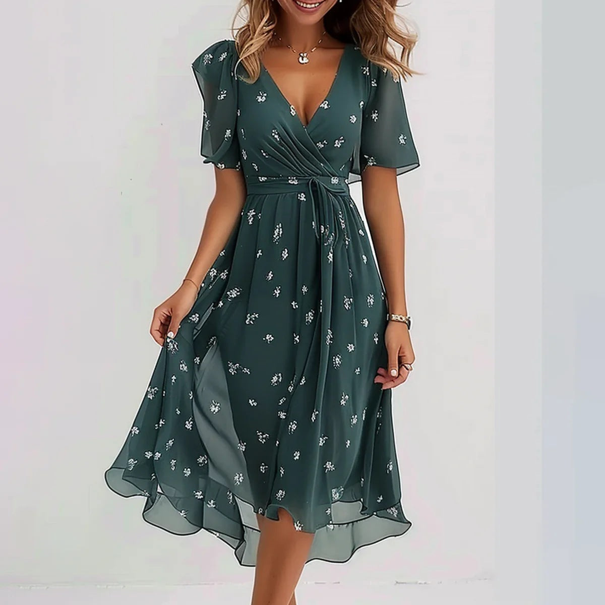 Luchtige midi zomerjurk met korte mouwen voor een stijlvolle en frisse look