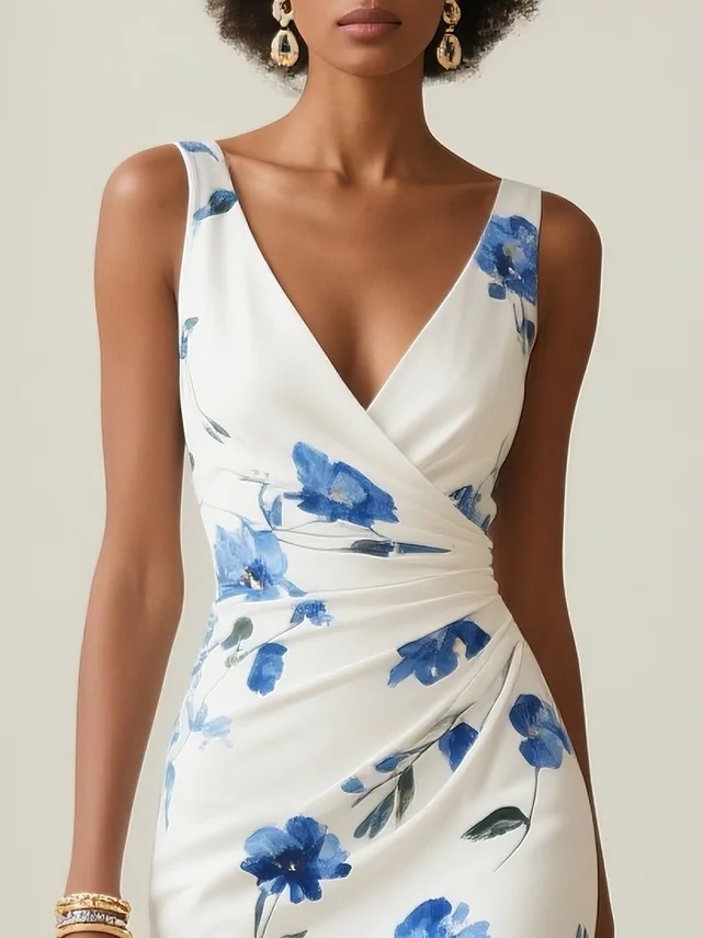 Vrouwelijke midi jurk met print en elegante V-hals zonder mouwen