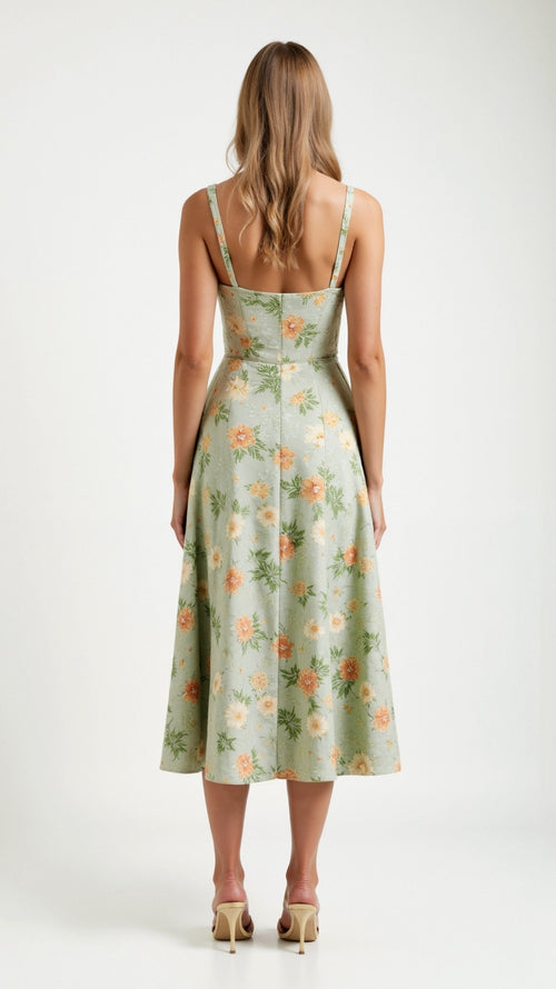 Zomerse midi jurk met bloemenpatroon en ronde halslijn