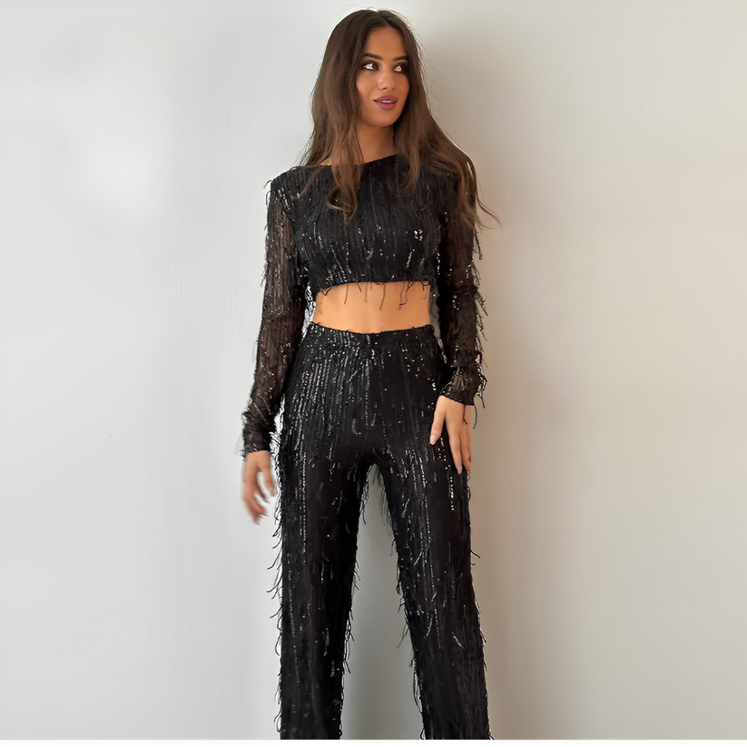 Tweedelige glitterset voor feestelijke avonden met lange mouwen top en glanzende broek