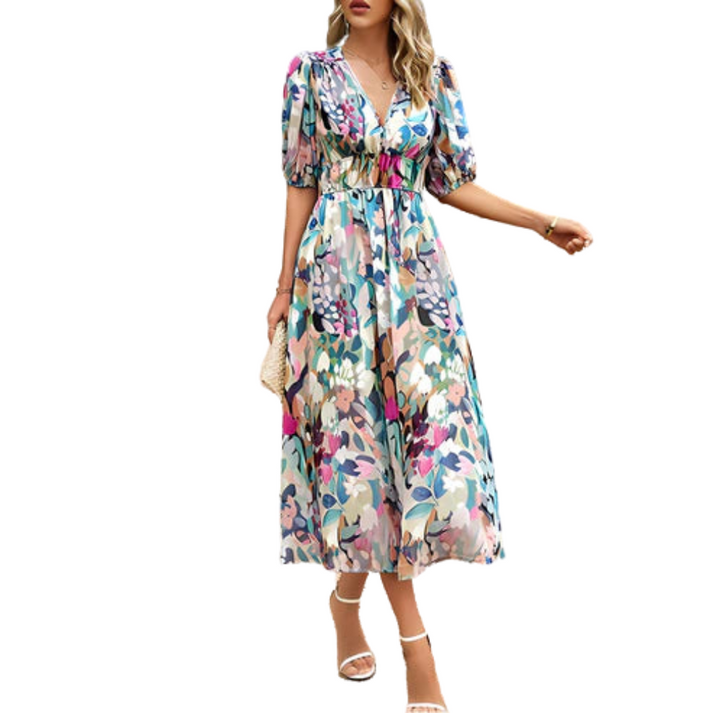 Midi zomerjurk met pofmouwen en vrouwelijke afwerking