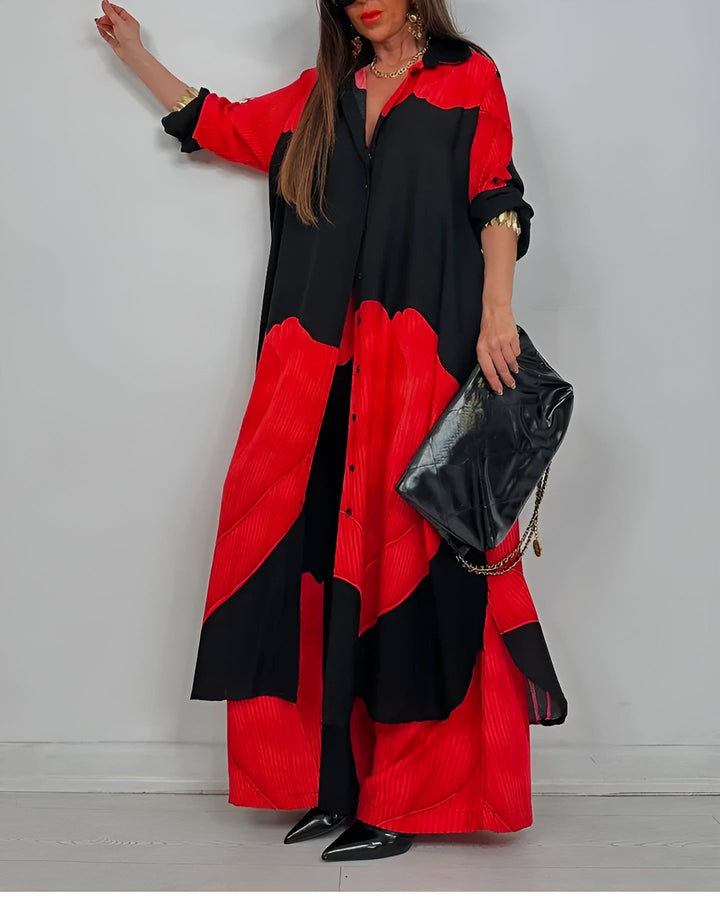 Casual tweedelige set met lange blouse en losse broek