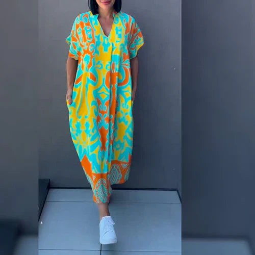 Maxi dames kaftan met speelse print en korte mouwen voor een luchtige look