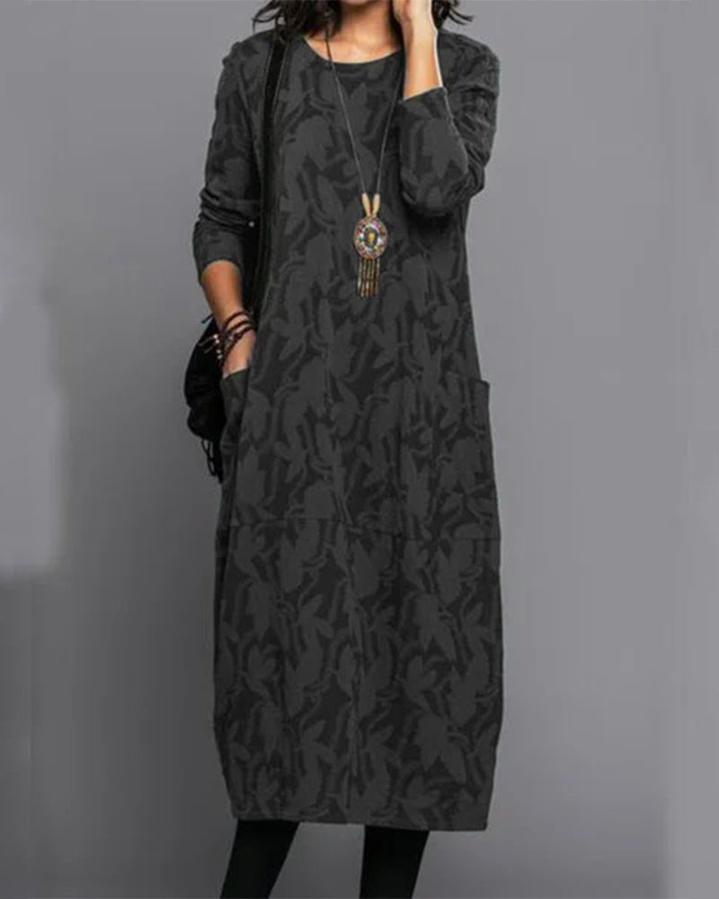 Elegante Vintage Lange Mouw Jurk met Comfortabele Pasvorm