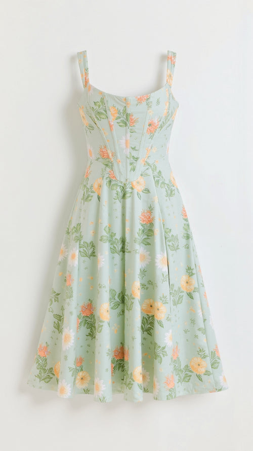 Zomerse midi jurk met bloemenpatroon en ronde halslijn