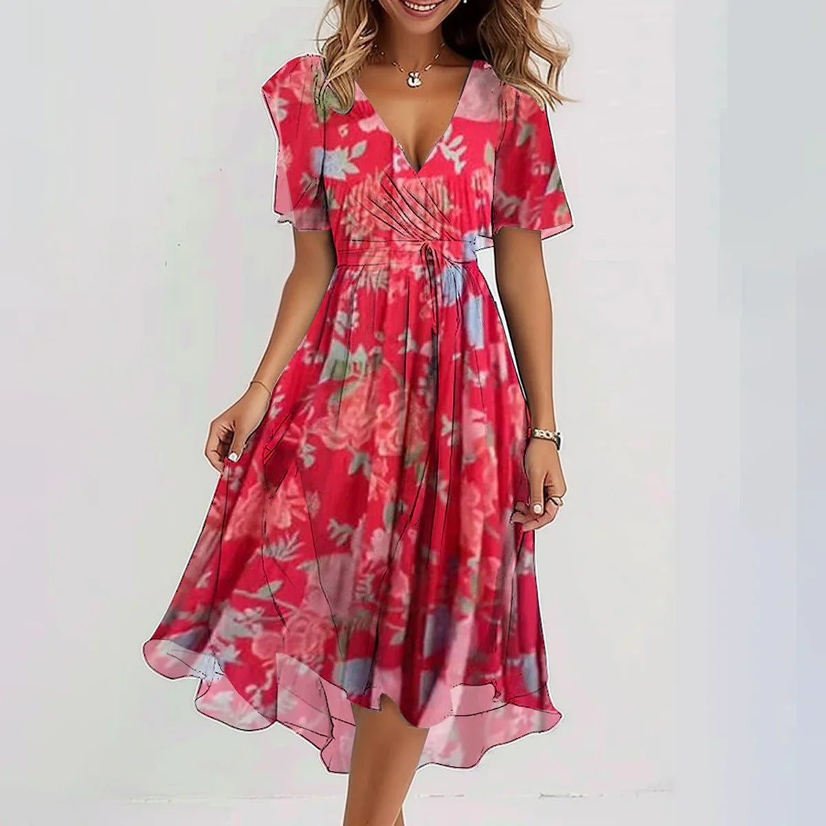 Luchtige midi zomerjurk met korte mouwen voor een stijlvolle en frisse look
