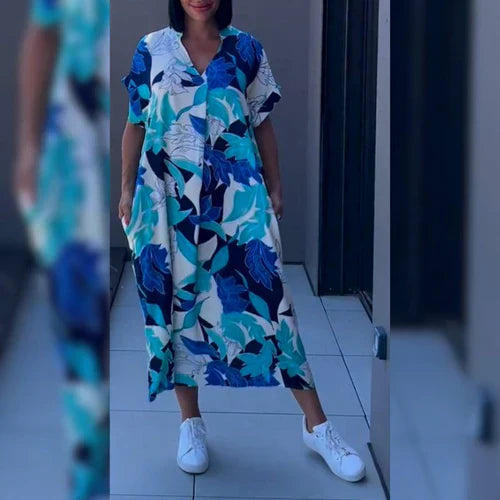 Maxi dames kaftan met speelse print en korte mouwen voor een luchtige look