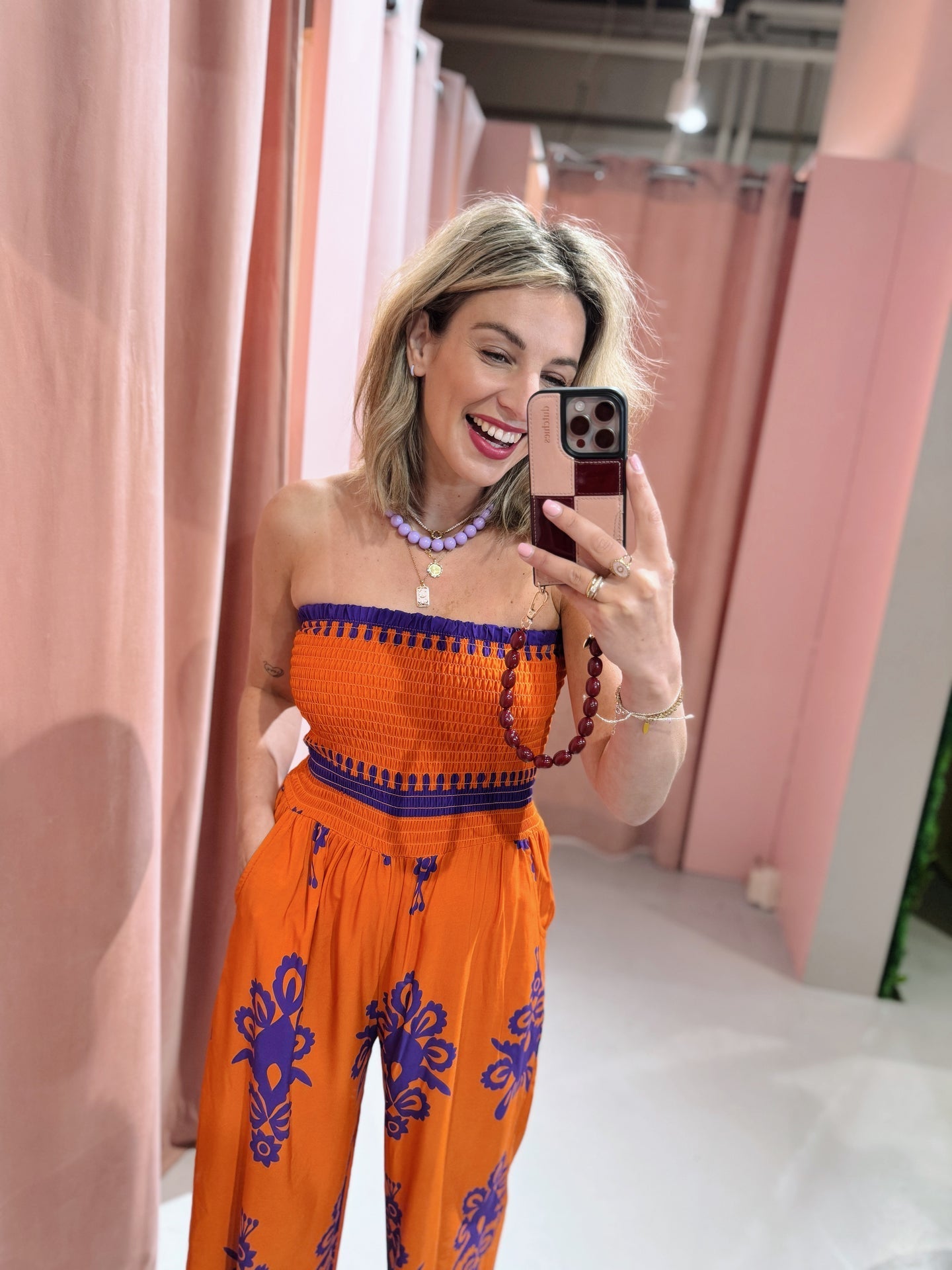 Zomerse strapless jumpsuit met wijde pasvorm in boho uitstraling