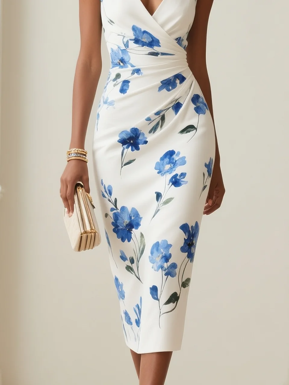 Vrouwelijke midi jurk met print en elegante V-hals zonder mouwen