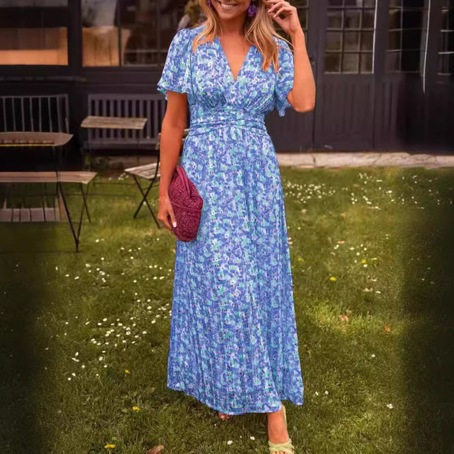 Elegante maxi jurk met v-hals bloemenprint en zomerse korte mouwen