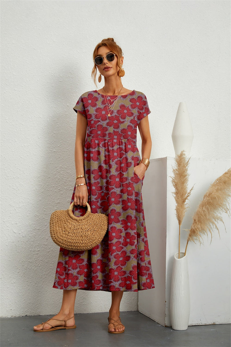 Casual lange jurk voor dames met printstijl en korte mouwen