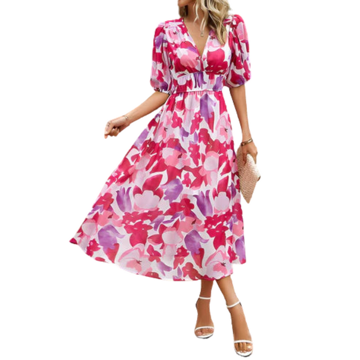Midi zomerjurk met pofmouwen en vrouwelijke afwerking