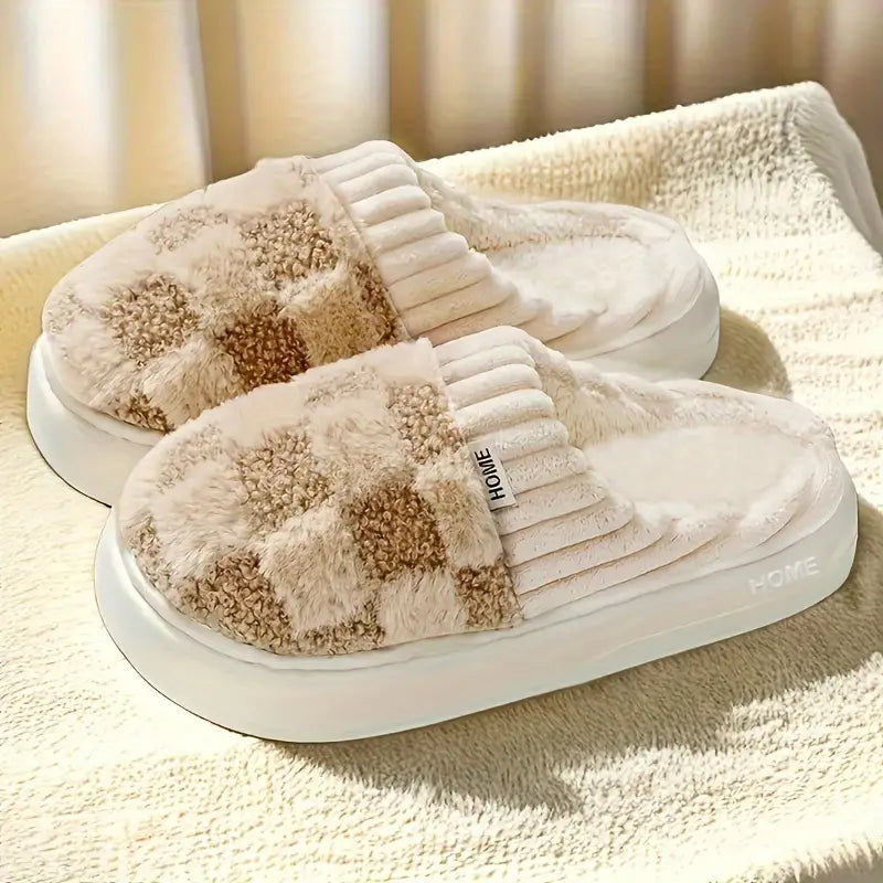 Geruite Fluffy Warme Dames Pantoffels met Antislip – Julia