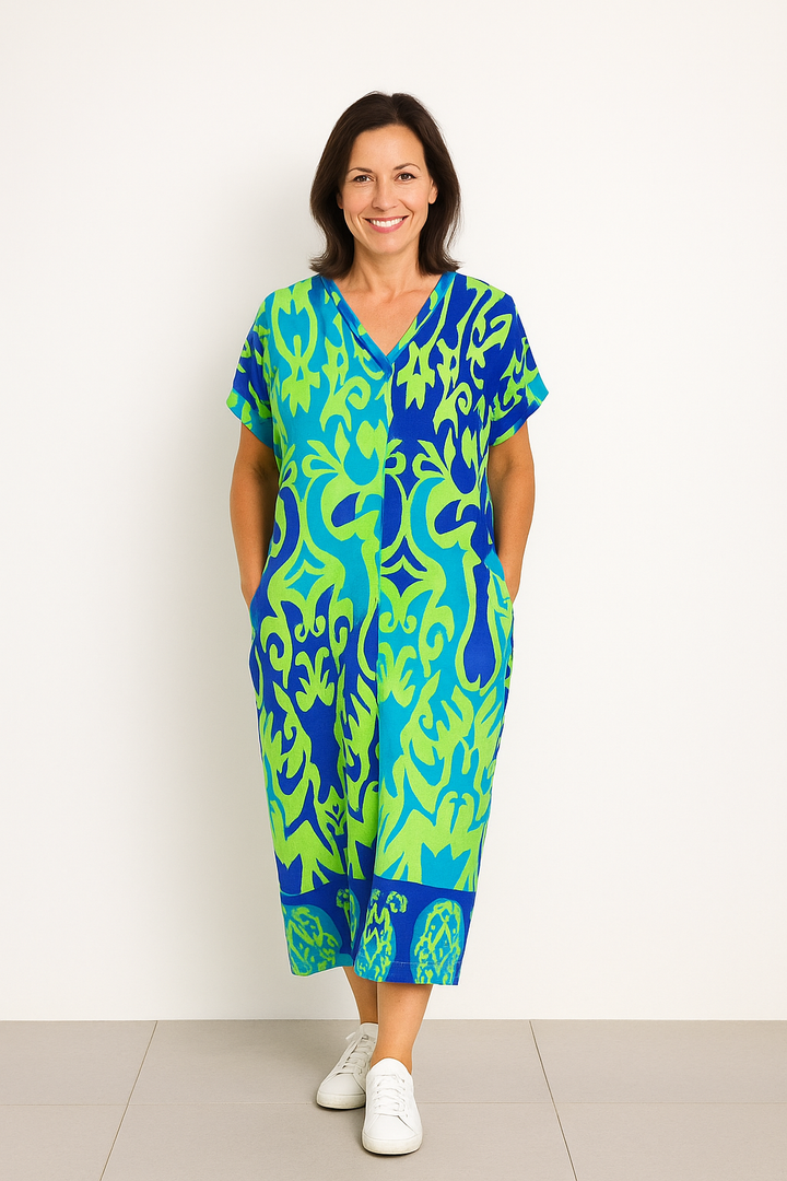 Maxi dames kaftan met speelse print en korte mouwen voor een luchtige look