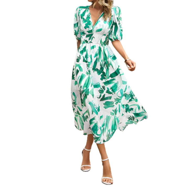 Midi zomerjurk met pofmouwen en vrouwelijke afwerking