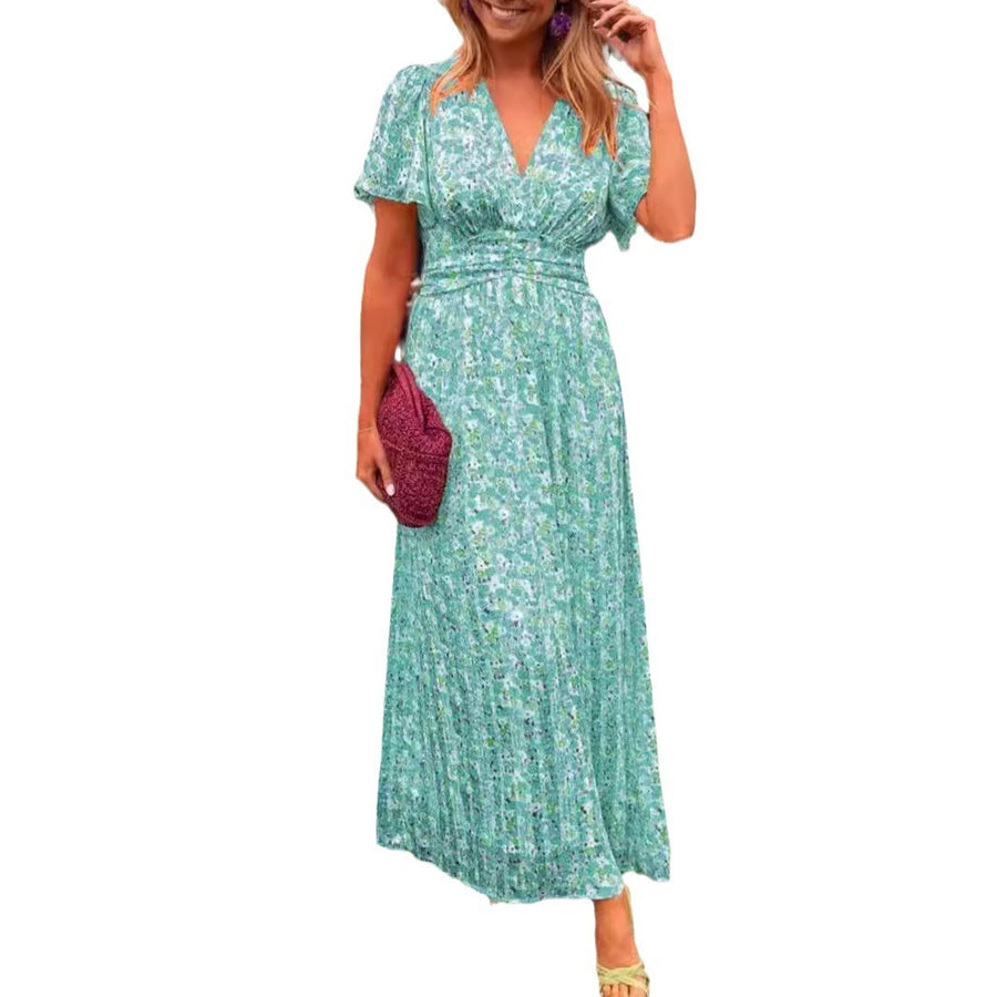 Elegante maxi jurk met v-hals bloemenprint en zomerse korte mouwen