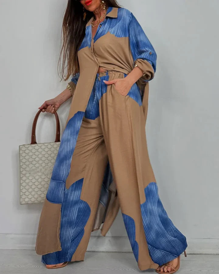 Casual tweedelige set met lange blouse en losse broek