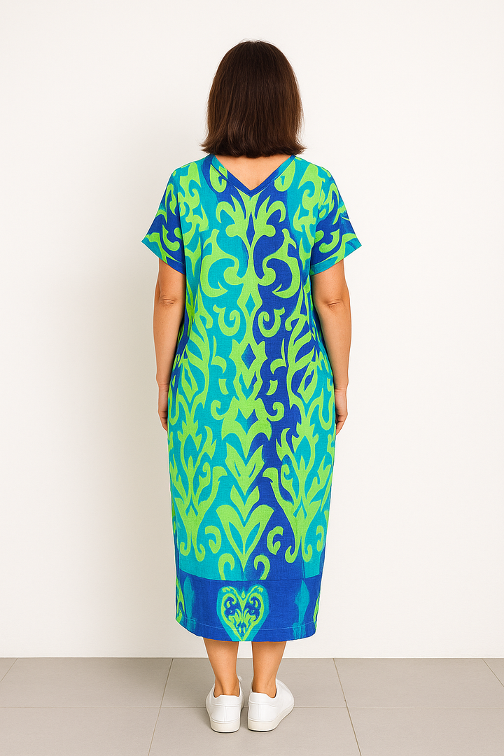Maxi dames kaftan met speelse print en korte mouwen voor een luchtige look