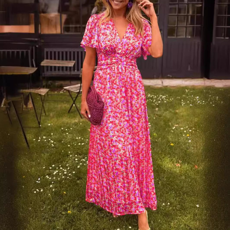 Elegante maxi jurk met v-hals bloemenprint en zomerse korte mouwen