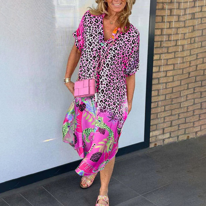 Casual lange jurk voor dames met korte mouwen en speelse dierenprint