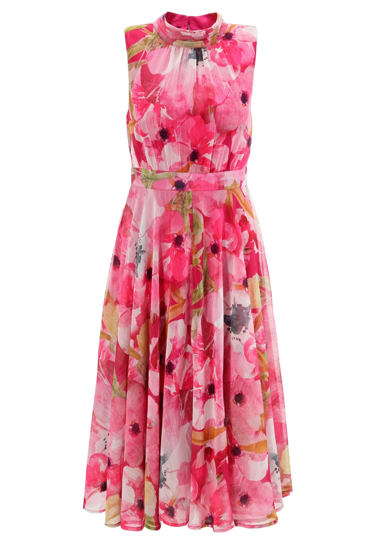 Elegante midi jurk met bloemenprint en stijlvolle haltersluiting