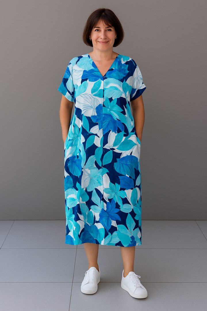 Maxi dames kaftan met speelse print en korte mouwen voor een luchtige look