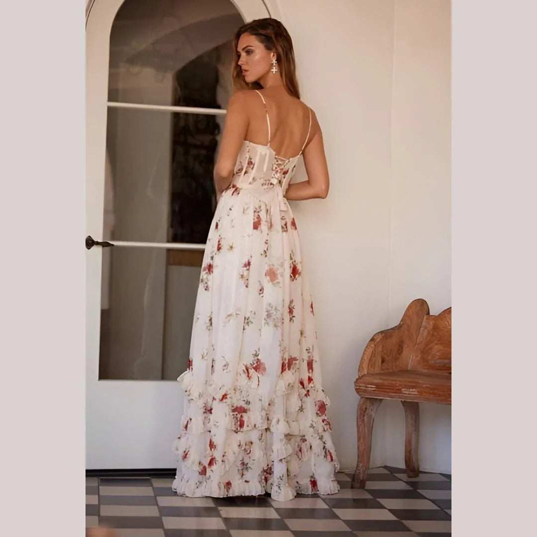 Lange jurk met smalle bandjes romantische bloemenprint en elegant bovenstuk