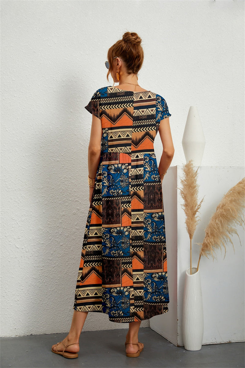 Casual lange jurk voor dames met printstijl en korte mouwen