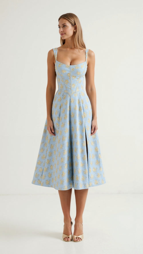Zomerse midi jurk met bloemenpatroon en ronde halslijn
