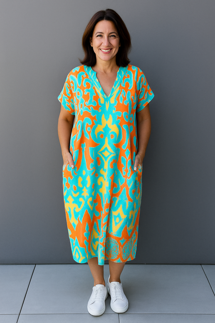 Maxi dames kaftan met speelse print en korte mouwen voor een luchtige look