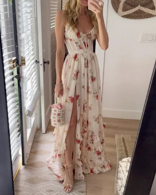 Lange jurk met smalle bandjes romantische bloemenprint en elegant bovenstuk