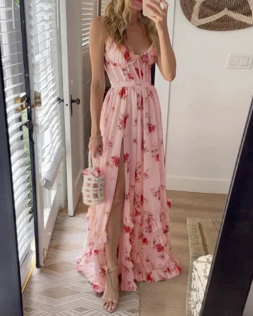 Lange jurk met smalle bandjes romantische bloemenprint en elegant bovenstuk