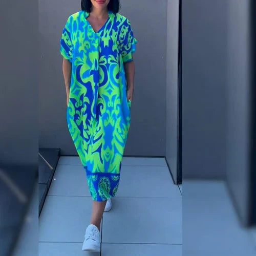 Maxi dames kaftan met speelse print en korte mouwen voor een luchtige look