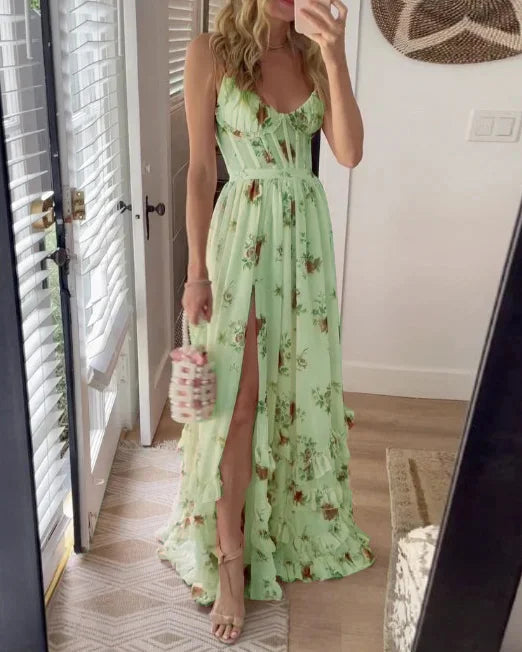Lange jurk met smalle bandjes romantische bloemenprint en elegant bovenstuk