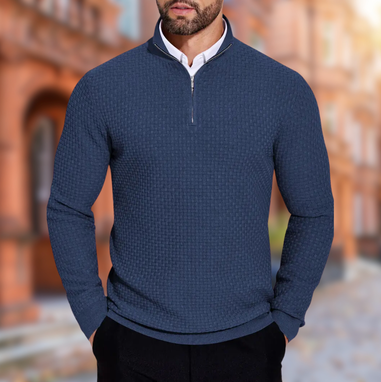 Warme quarter zip heren trui met ribdetails – Lars
