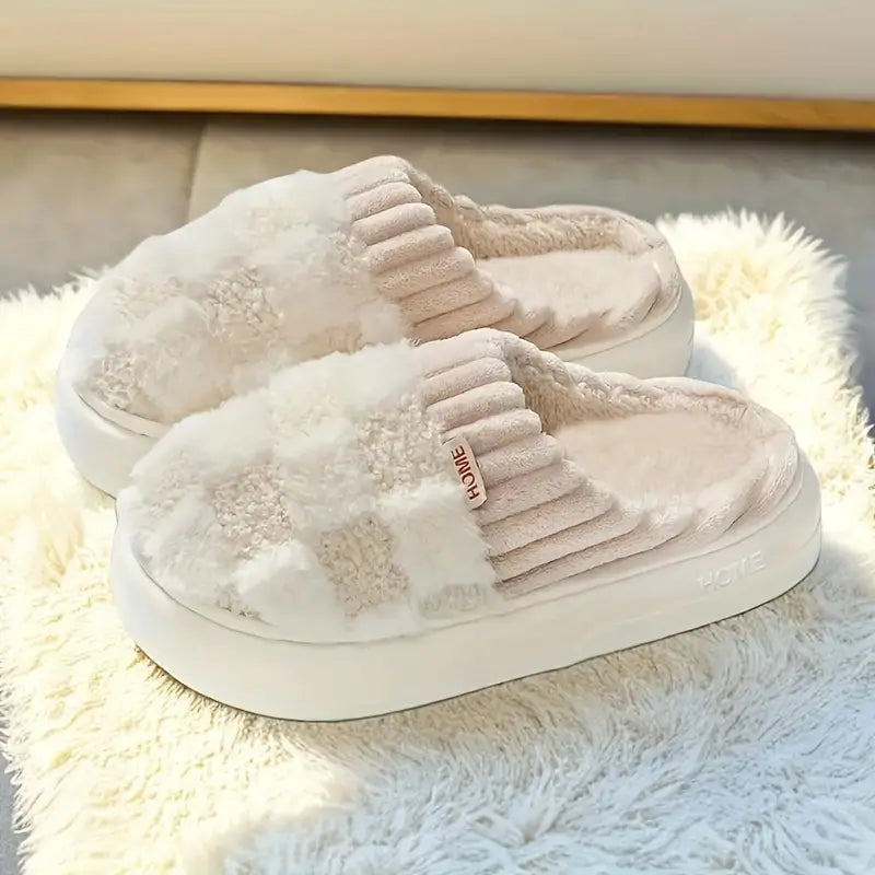 Geruite Fluffy Warme Dames Pantoffels met Antislip – Julia