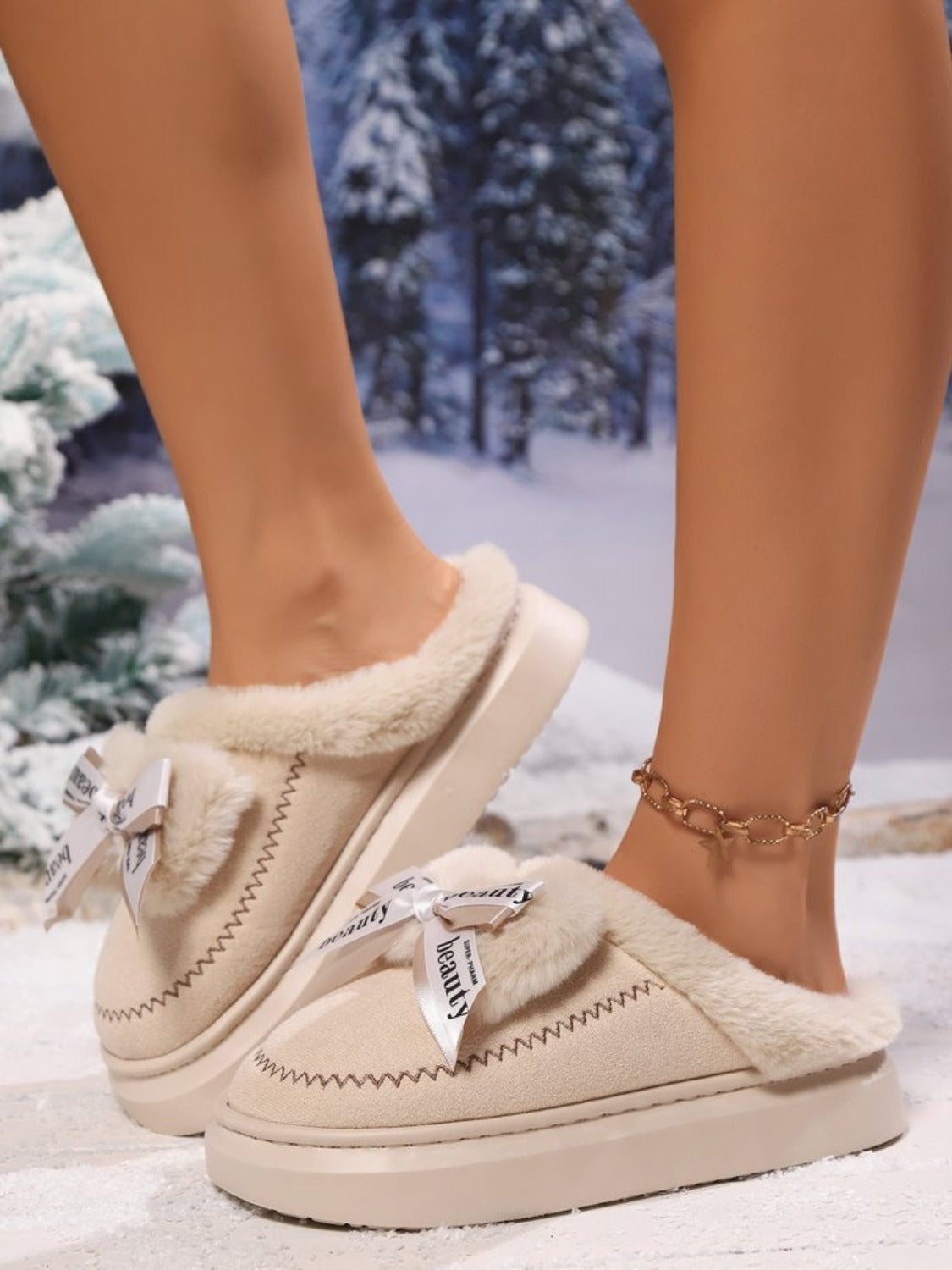 Suède platform pantoffels met strik en pluche voering – Eva