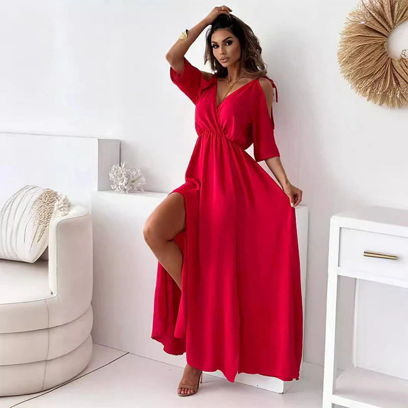 Lange jurk voor dames met korte mouwen en moderne elegante afwerking