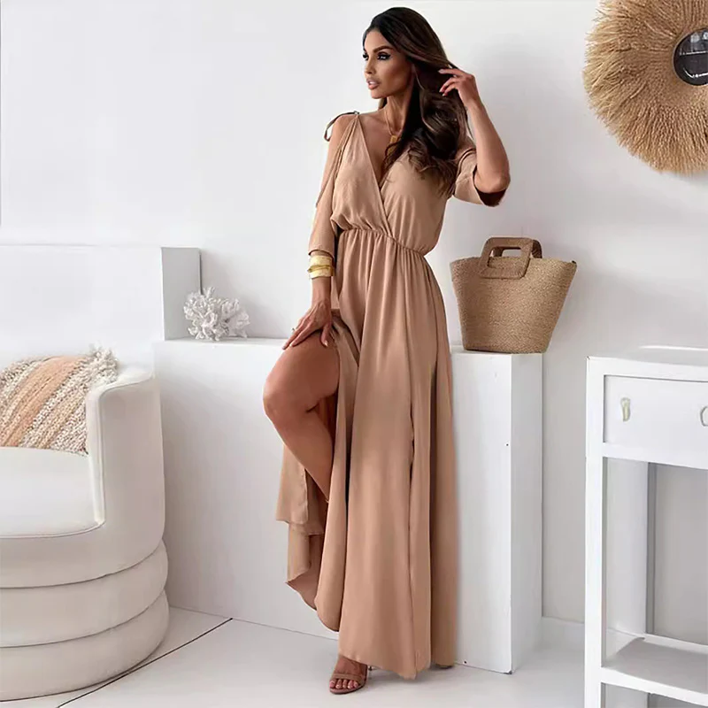 Lange jurk voor dames met korte mouwen en moderne elegante afwerking