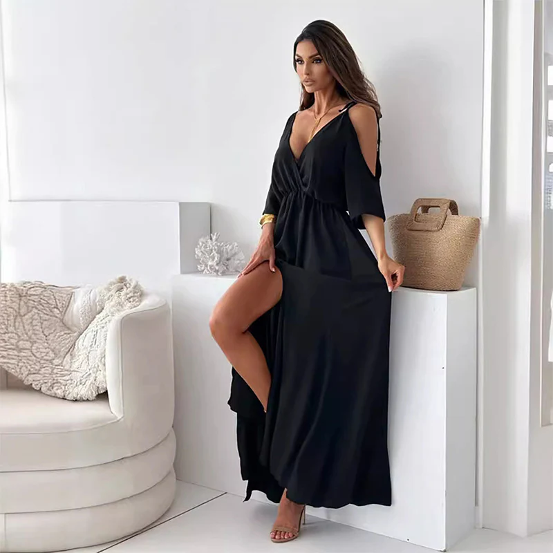 Lange jurk voor dames met korte mouwen en moderne elegante afwerking