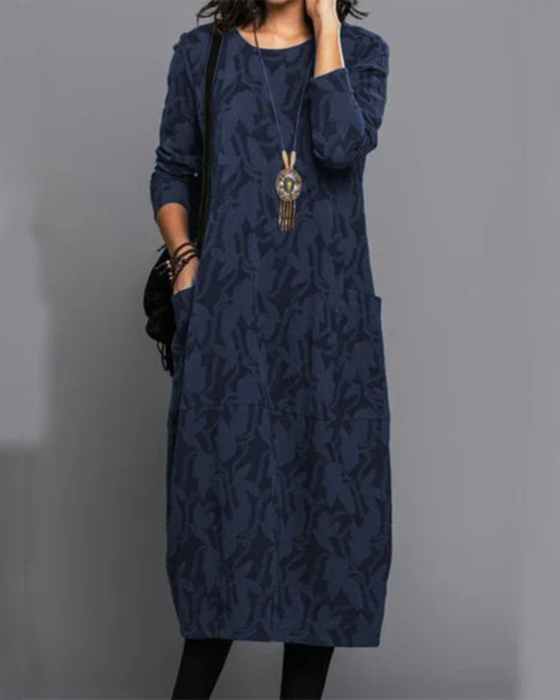 Elegante Vintage Lange Mouw Jurk met Comfortabele Pasvorm