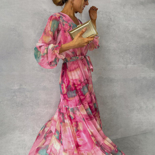 Maxi robe stijl jurk met vloeiende vorm en lange mouwen voor een verfijnde look