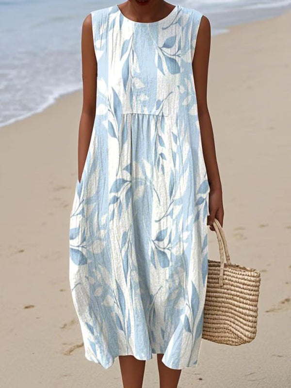 Zomerse midi jurk zonder mouwen met all-over bloemenprint